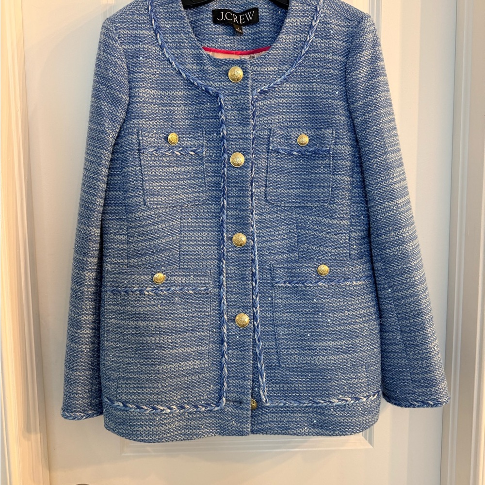 NWOT! J.Crew Light Blue Tweed Jacket with Gold Accents